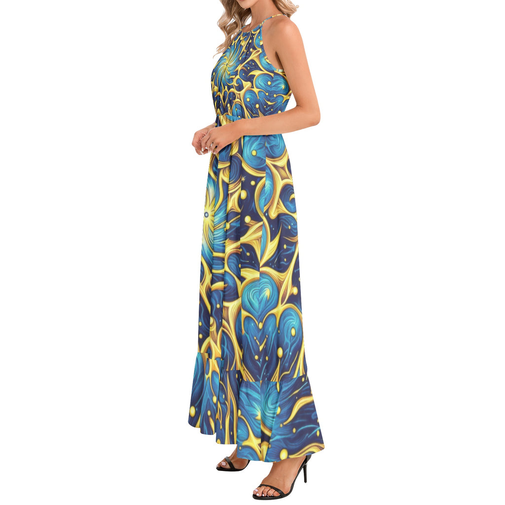 Galactic Yellow and Blue Ruffle Hem Halter Neck Maxi Dress
