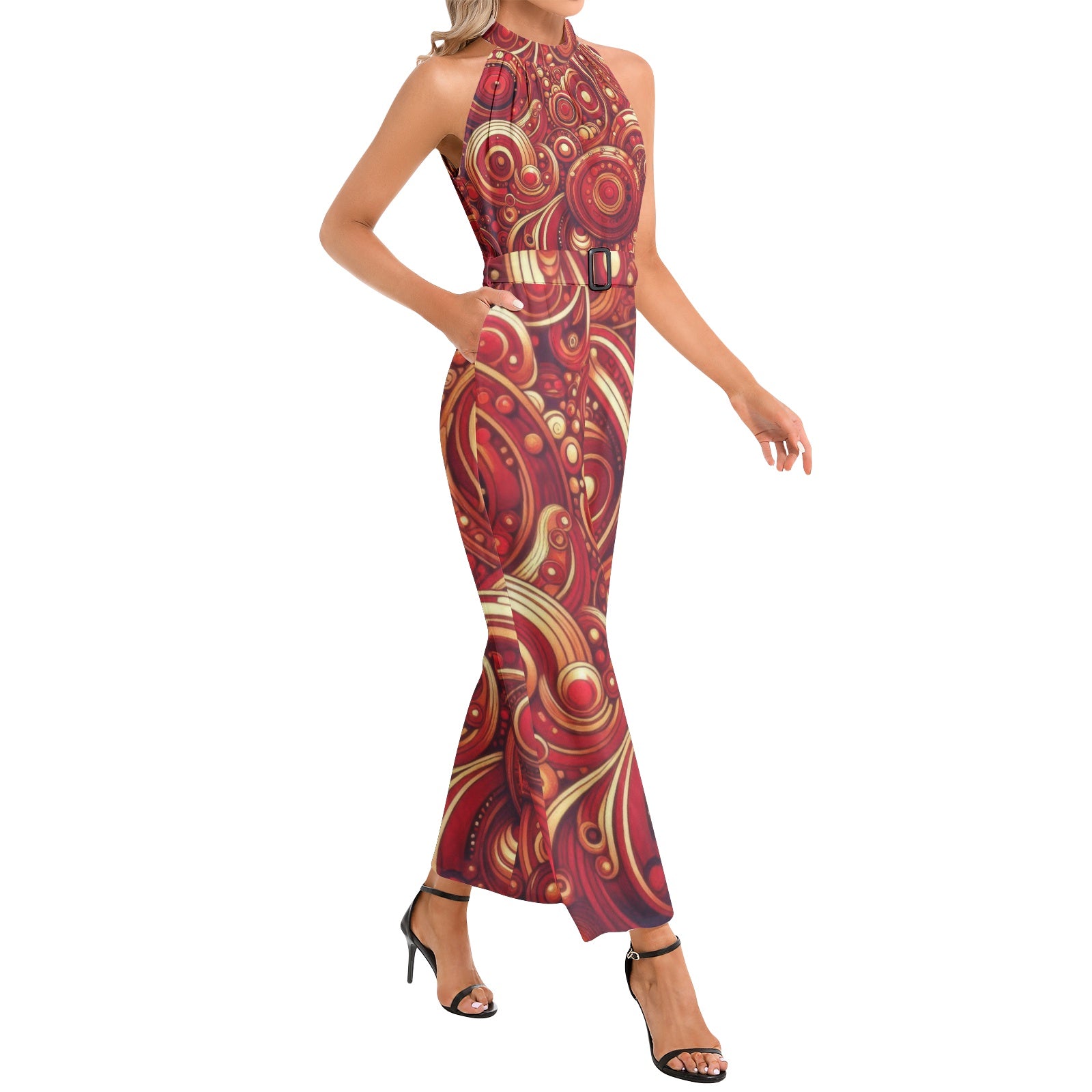 KL-Scarlet3 Halter Neck Buckle Belted Jumpsuit