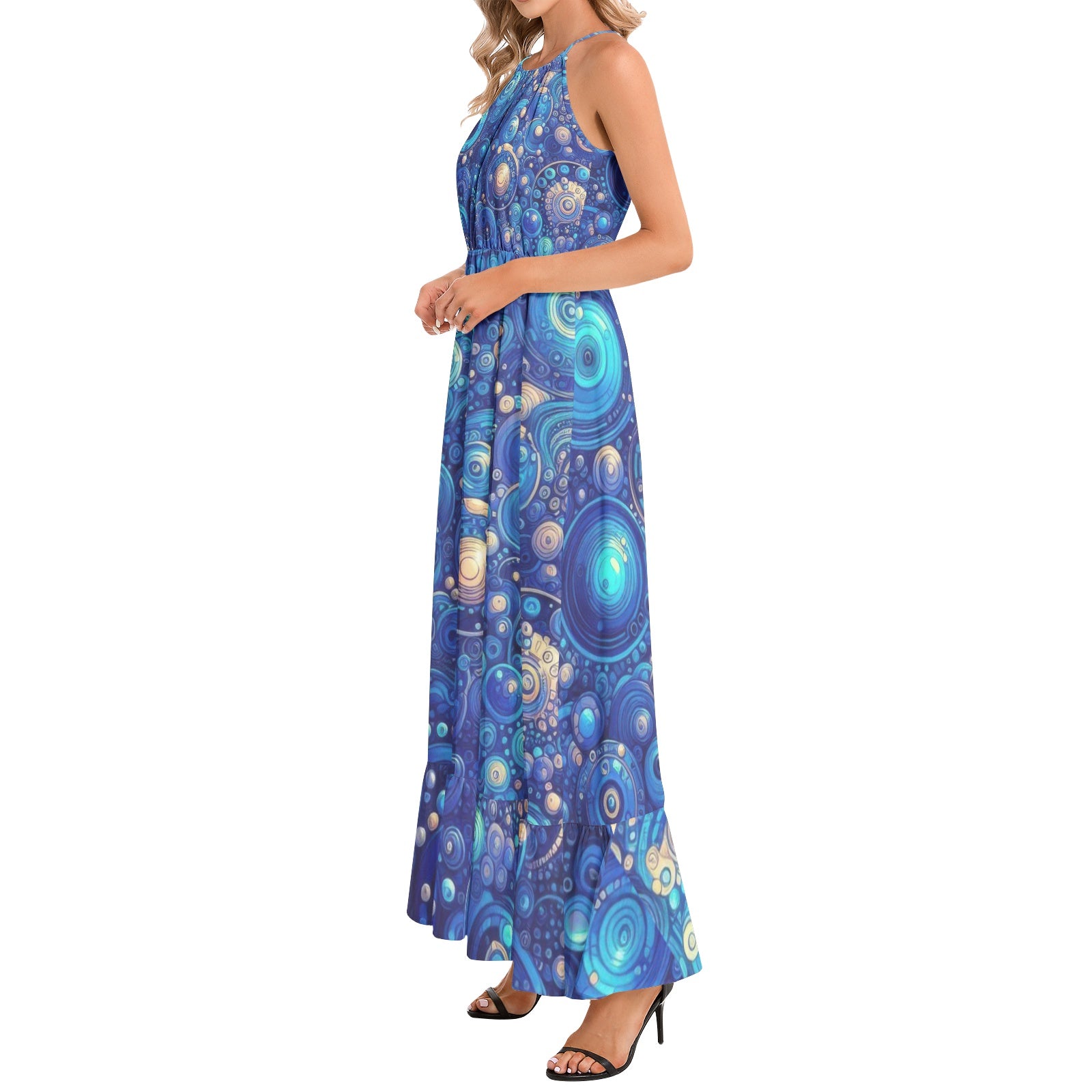 Dark Blue Rhapsody Ruffle Hem Halter Neck Maxi Dress
