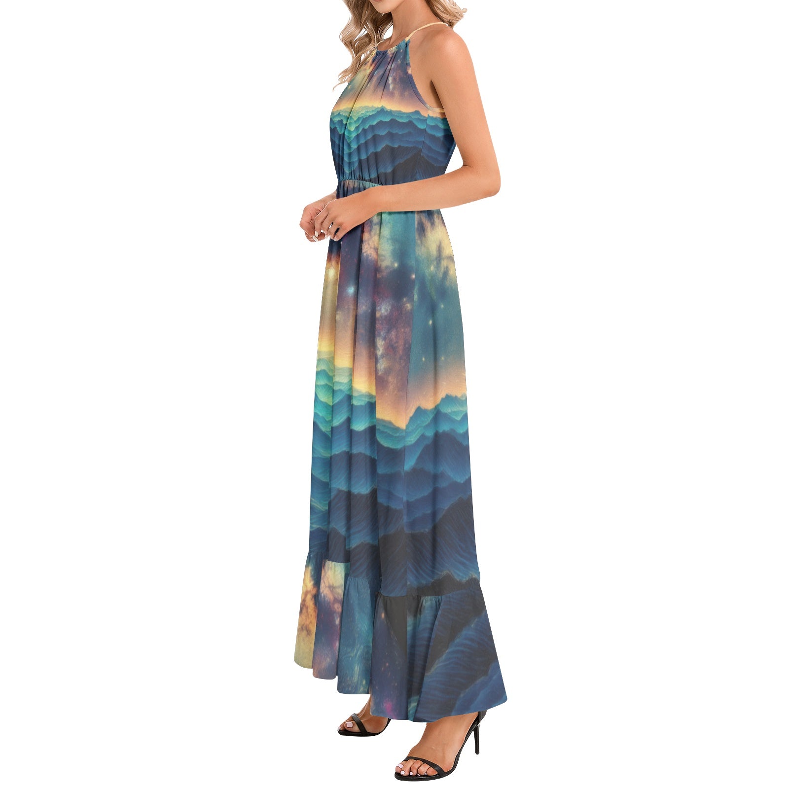 Galaxy 3 Ruffle Hem Halter Neck Maxi Dress