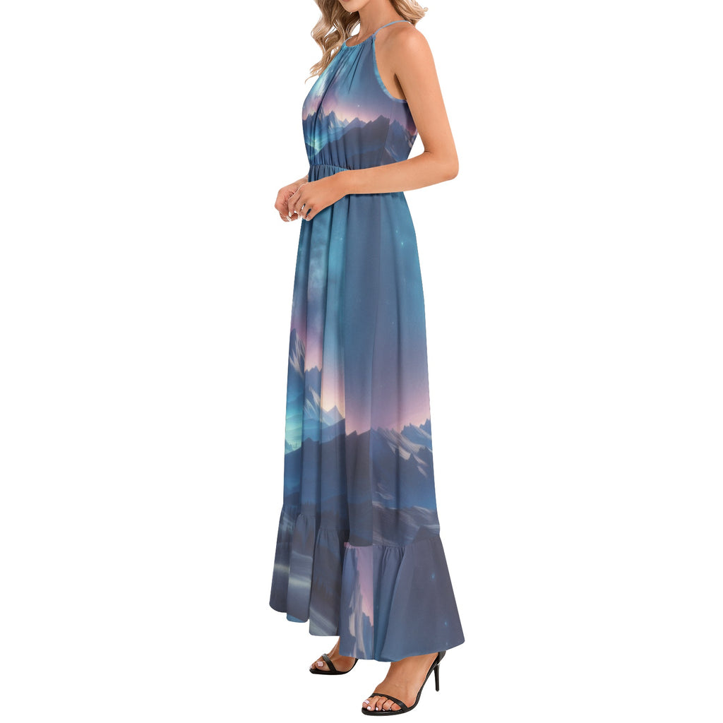 Galaxy 1 Ruffle Hem Halter Neck Maxi Dress