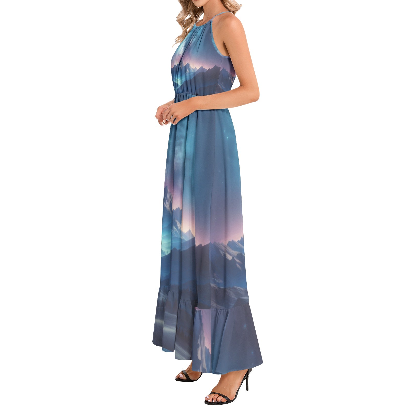 Galaxy 1 Ruffle Hem Halter Neck Maxi Dress