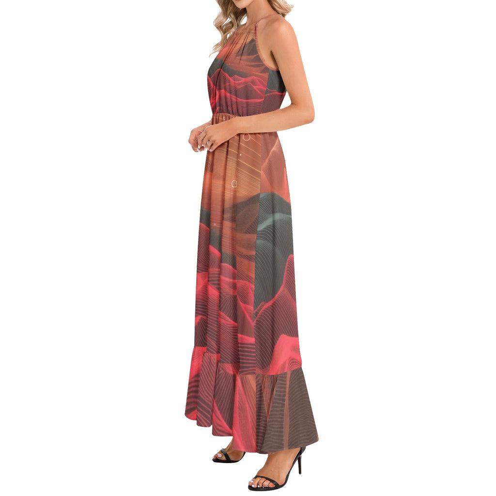 Crimson Waves Ruffle Hem Halter Neck Maxi Dress