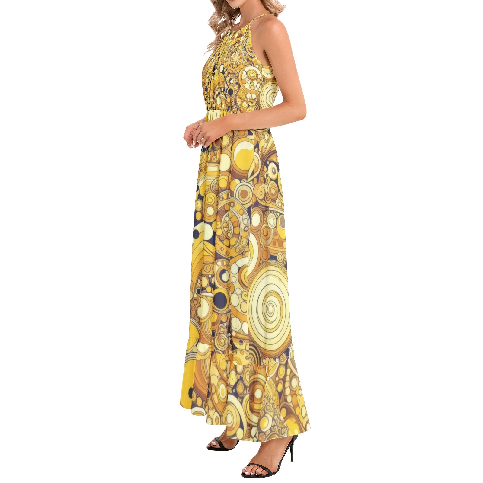 KL-Yellow1 Ruffle Hem Halter Neck Maxi Dress