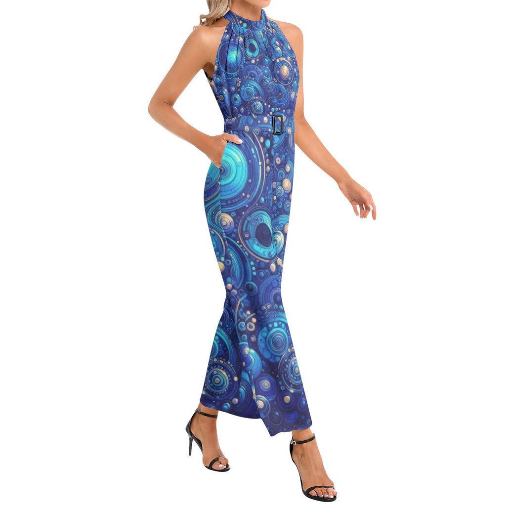 Dark Blue Rhapsody Halter Neck Buckle Belted Jumpsuit