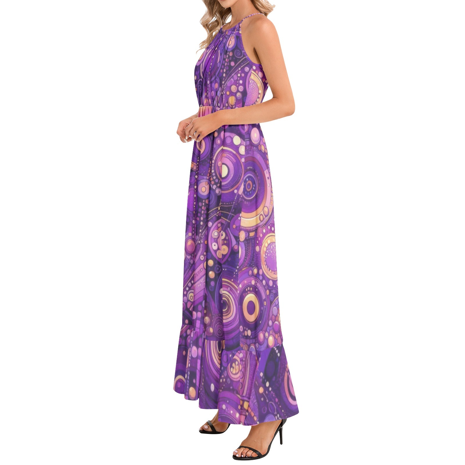 Purple Menagerie Ruffle Hem Halter Neck Maxi Dress