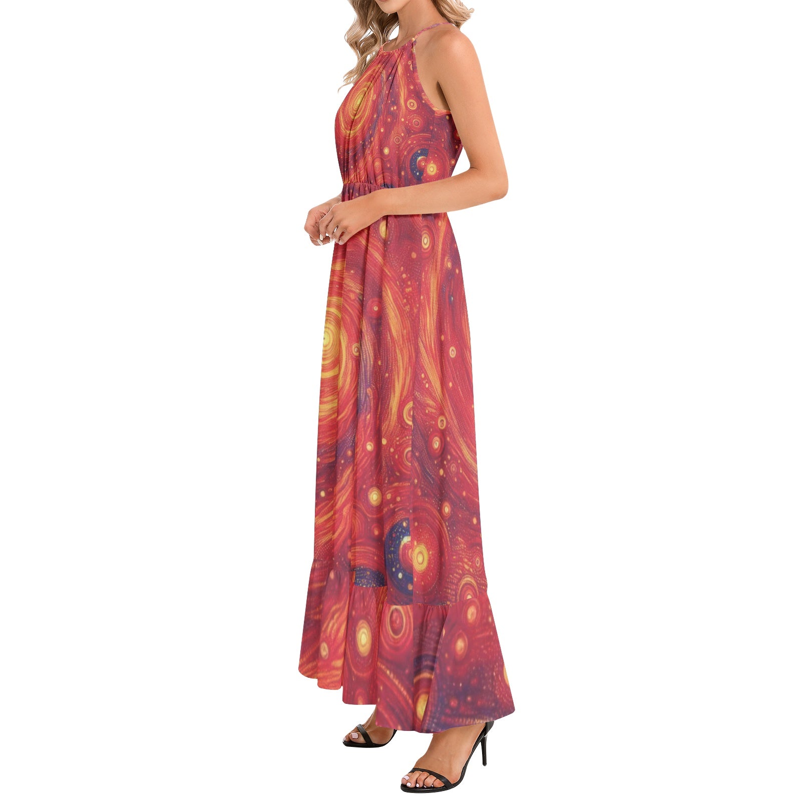 Scarlet Galaxy Ruffle Hem Halter Neck Maxi Dress