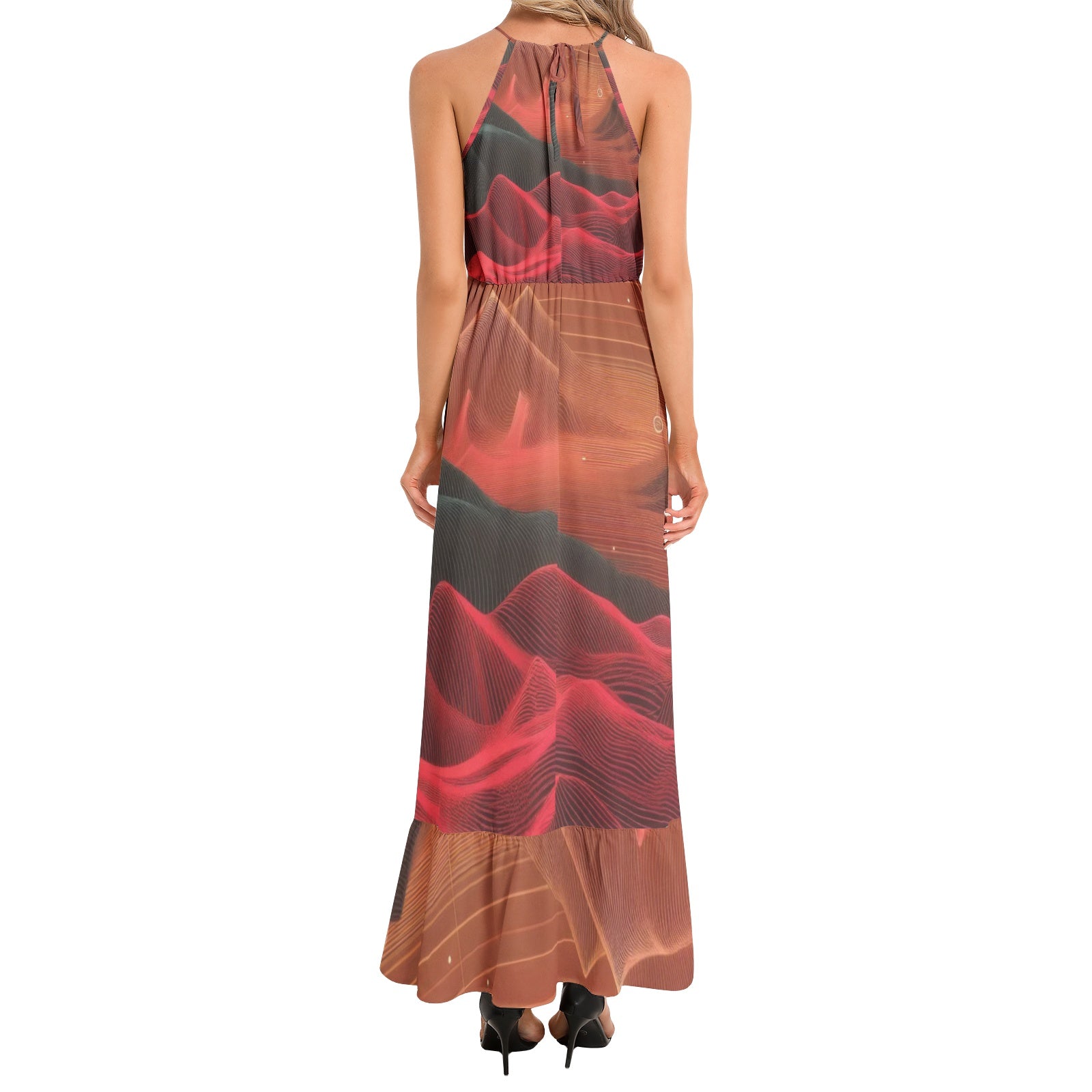 Crimson Waves Ruffle Hem Halter Neck Maxi Dress