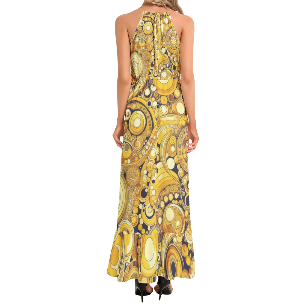 KL-Yellow1 Ruffle Hem Halter Neck Maxi Dress