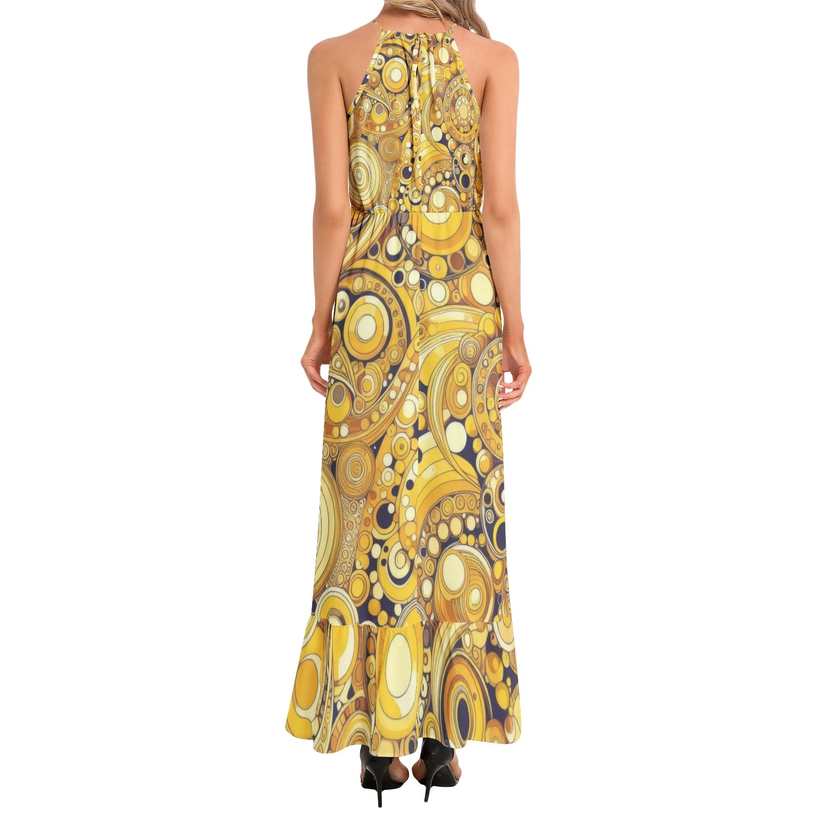 KL-Yellow1 Ruffle Hem Halter Neck Maxi Dress