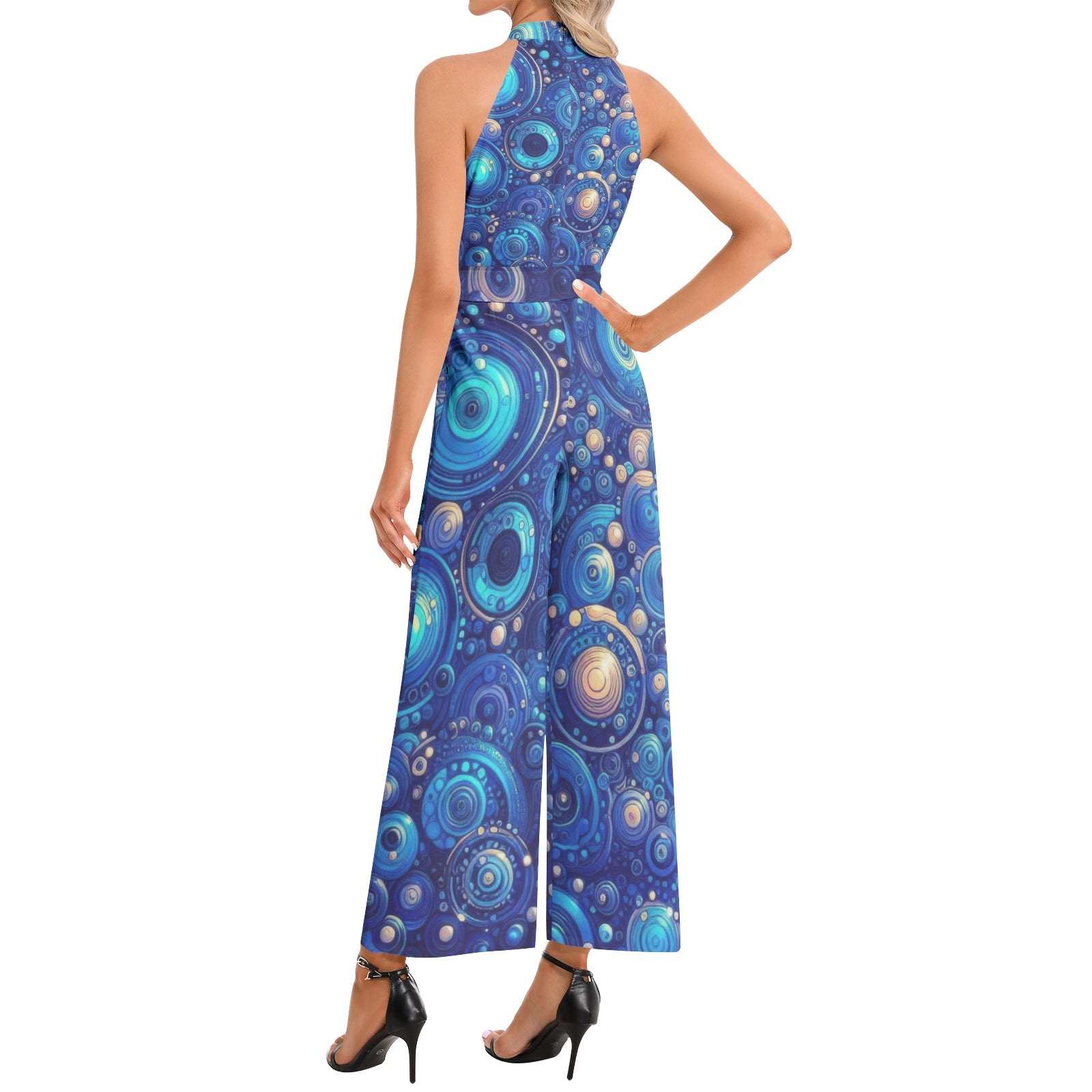Dark Blue Rhapsody Halter Neck Buckle Belted Jumpsuit