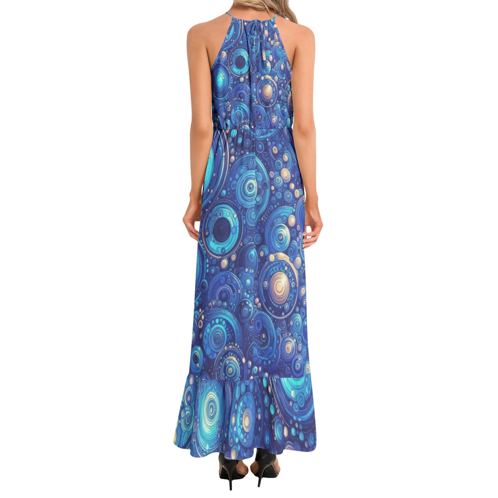 Dark Blue Rhapsody Ruffle Hem Halter Neck Maxi Dress