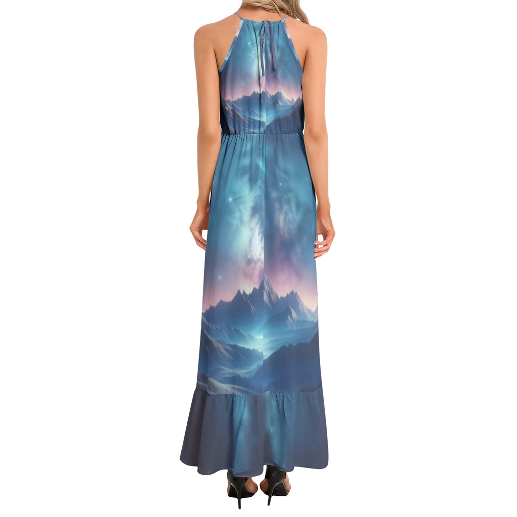 Galaxy 1 Ruffle Hem Halter Neck Maxi Dress