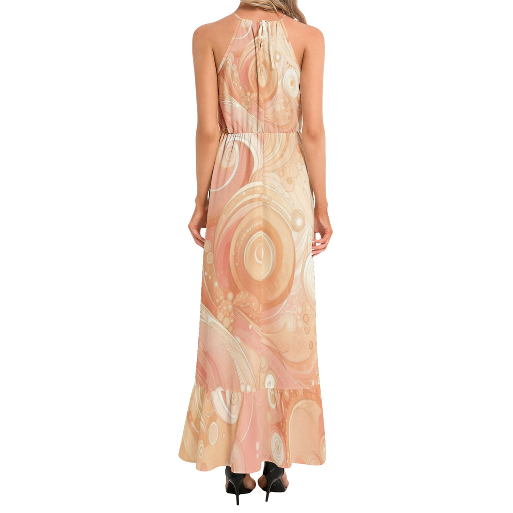 KL-Peach1 Ruffle Hem Halter Neck Maxi Dress