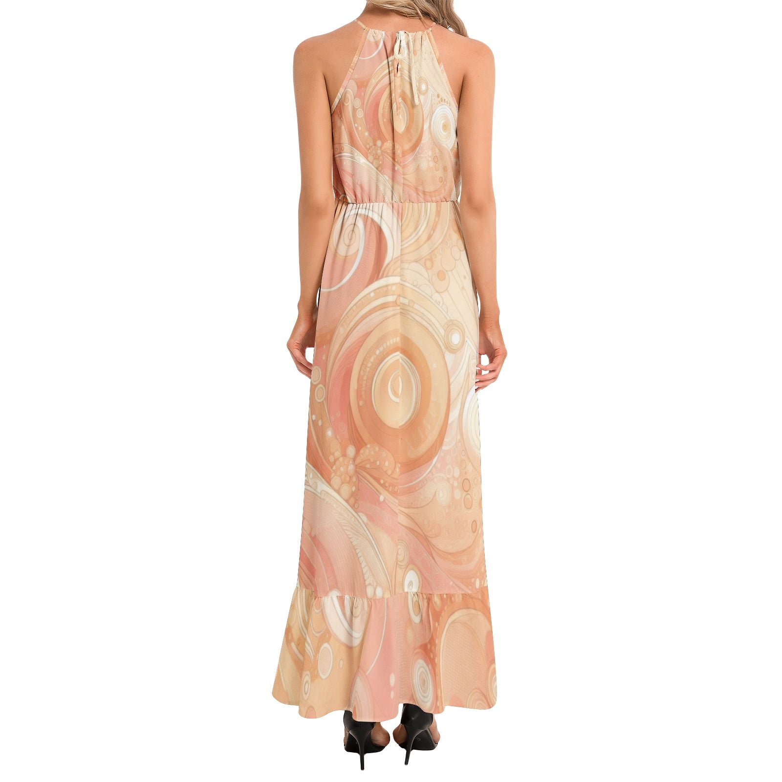 KL-Peach1 Ruffle Hem Halter Neck Maxi Dress