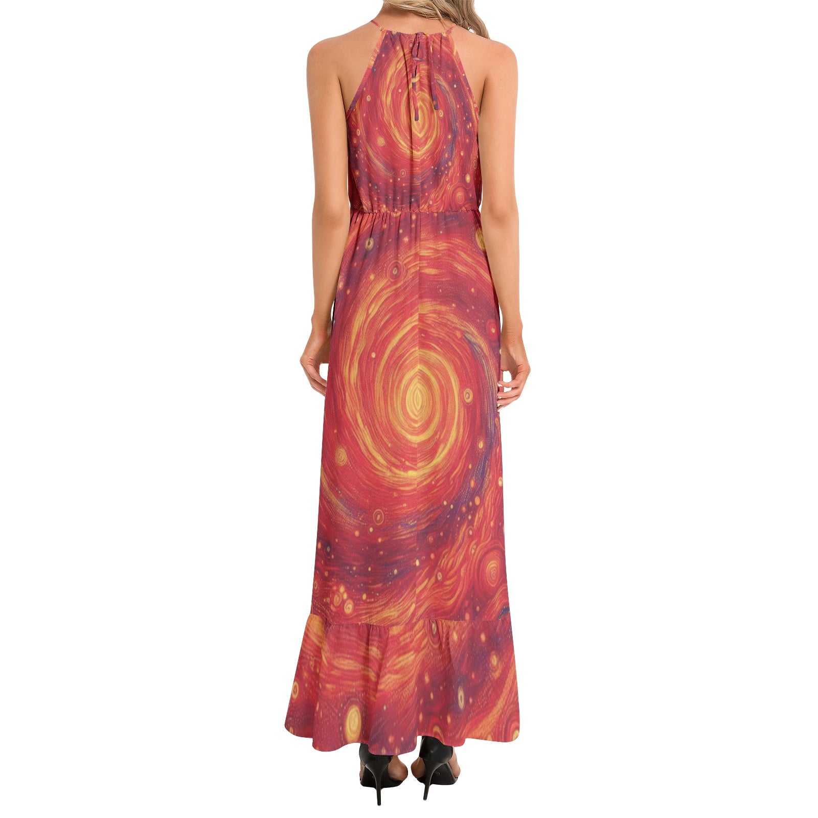 Scarlet Galaxy Ruffle Hem Halter Neck Maxi Dress