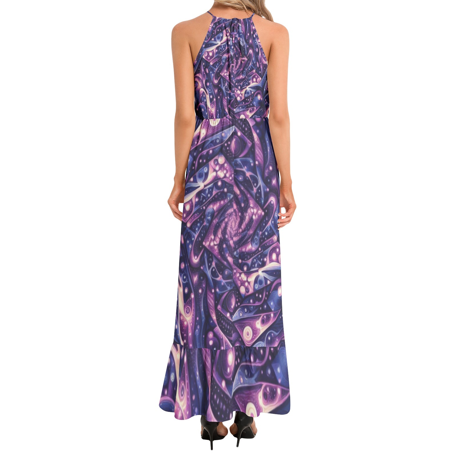 Galactic Purple Ruffle Hem Halter Neck Maxi Dress