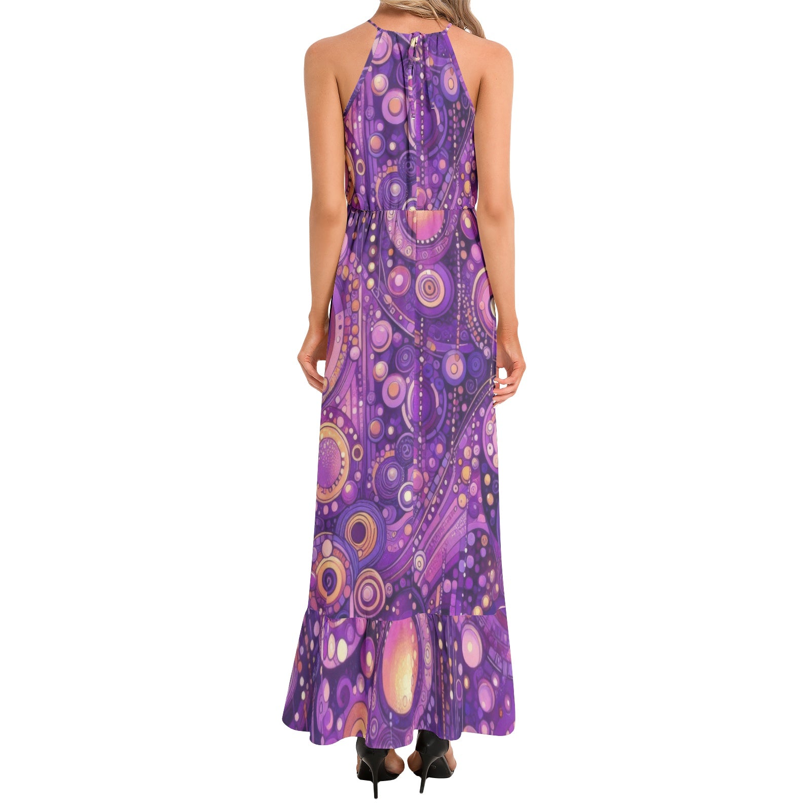 Purple Menagerie Ruffle Hem Halter Neck Maxi Dress
