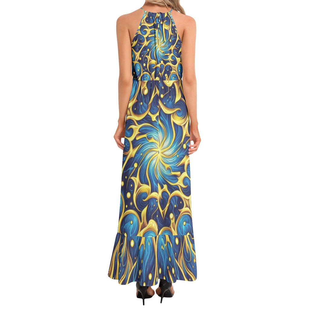 Galactic Yellow and Blue Ruffle Hem Halter Neck Maxi Dress