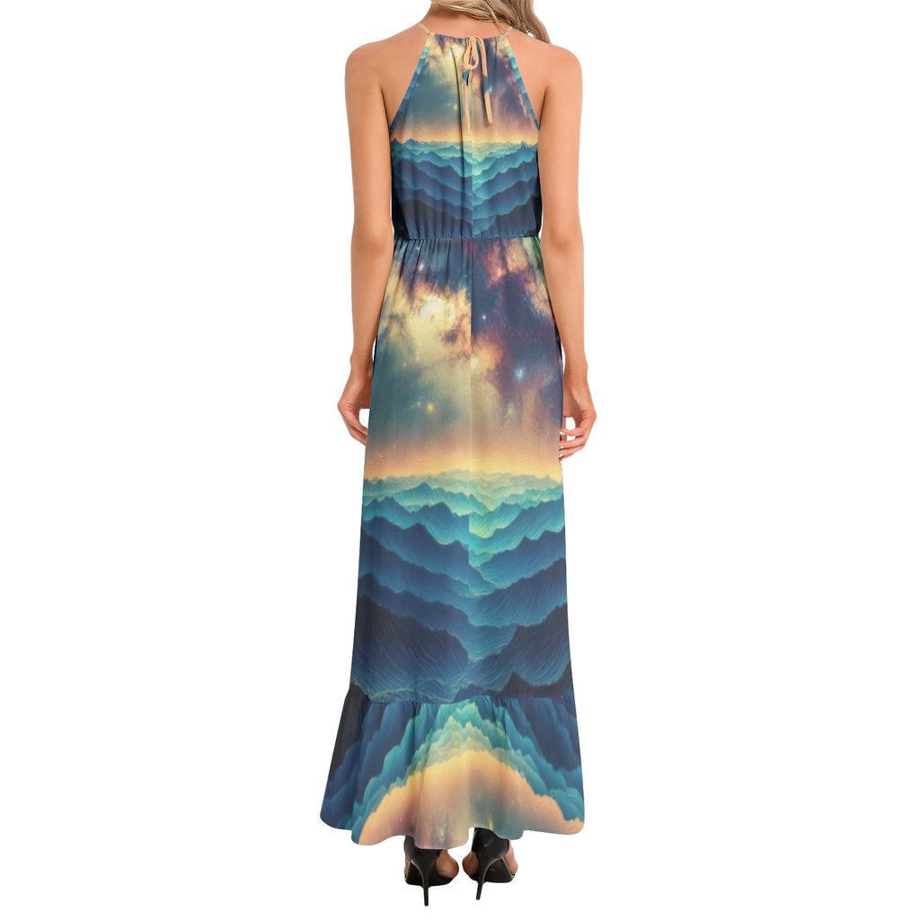 Galaxy 3 Ruffle Hem Halter Neck Maxi Dress