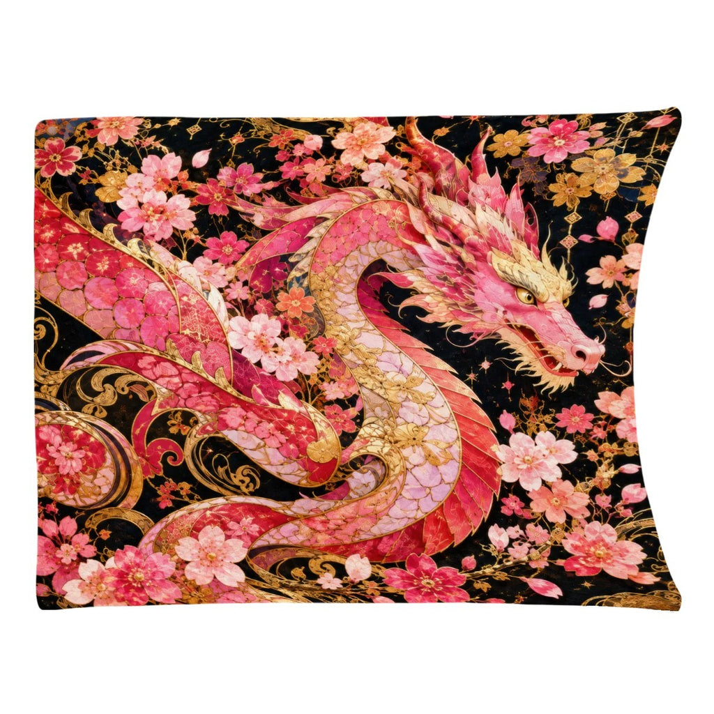 Pink and Gold Sakura Dragon Flannel Throw Blanket | Made in USA