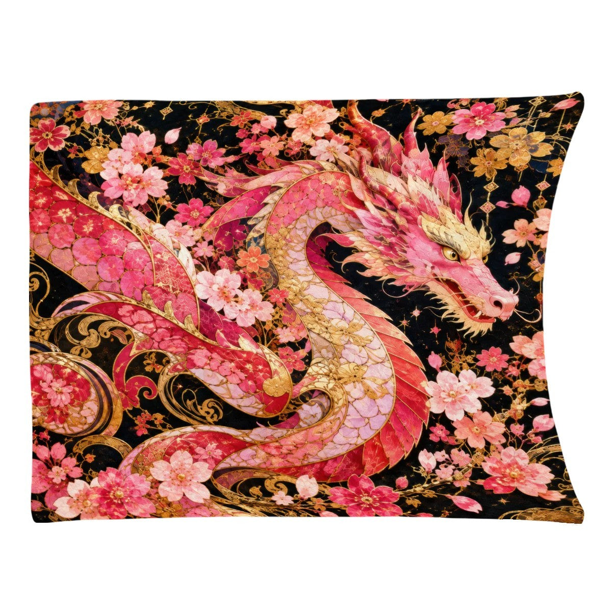 Pink and Gold Sakura Dragon Flannel Throw Blanket | Made in USA