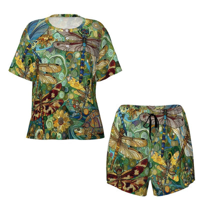 Dragonflies Pajama Set for Women Crew Neck Short Sleeve - Gregg Acini Adoree Designs - Women's Pajamas