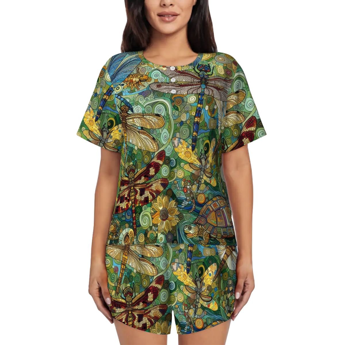 Dragonflies Pajama Set for Women Crew Neck Short Sleeve - Gregg Acini Adoree Designs - Women's Pajamas
