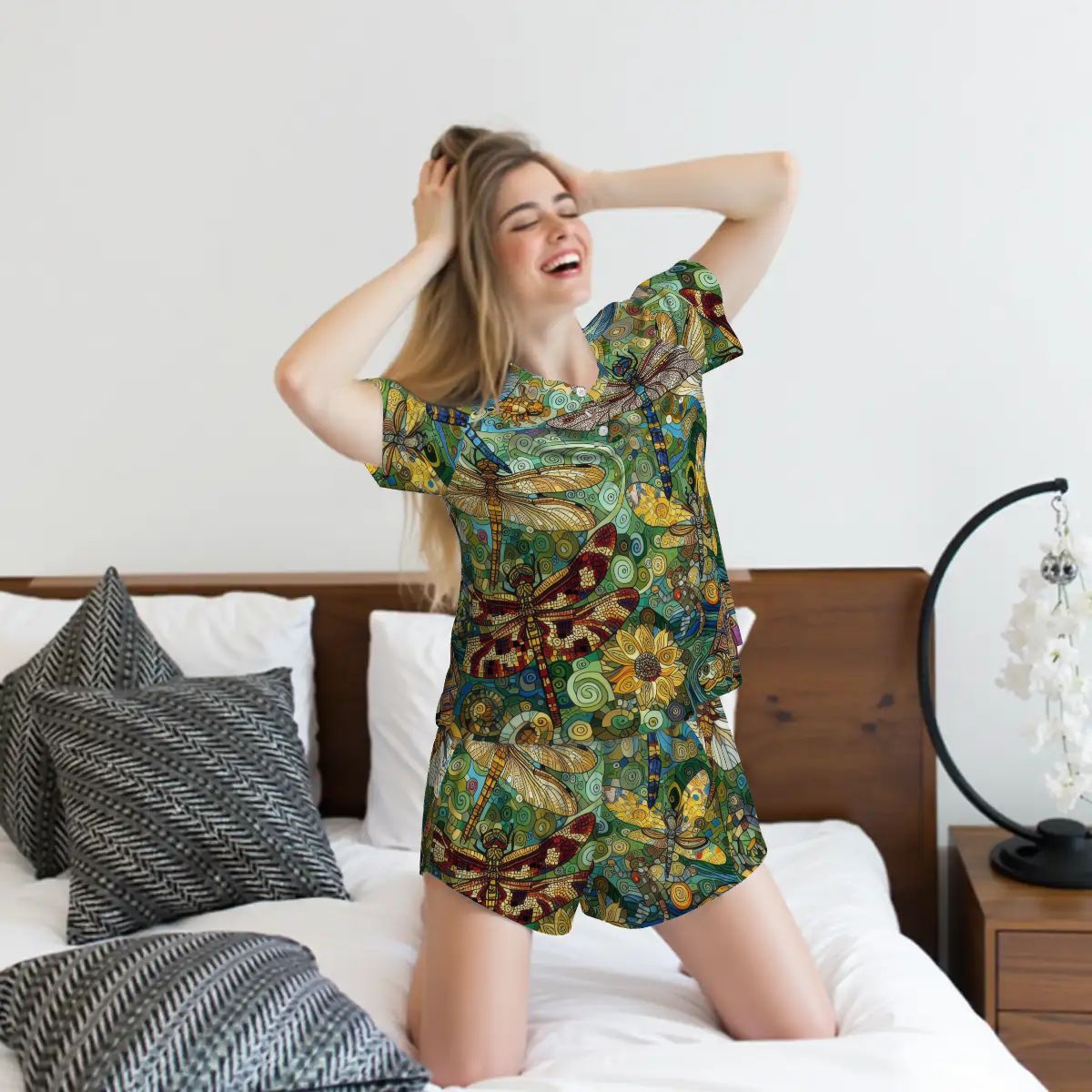 Dragonflies Pajama Set for Women Crew Neck Short Sleeve - Gregg Acini Adoree Designs - Women's Pajamas