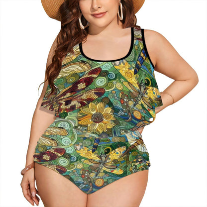 Dragonflies Plus Size Ruffle Two Piece Swimsuit - Gregg Acini Adoree Designs - Women's Swimwear