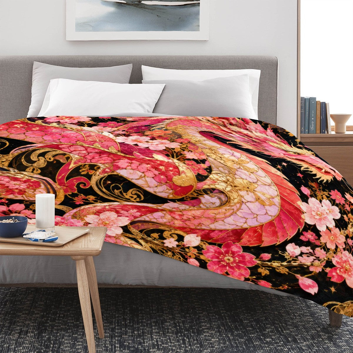 Pink and Gold Sakura Dragon Flannel Throw Blanket | Made in USA