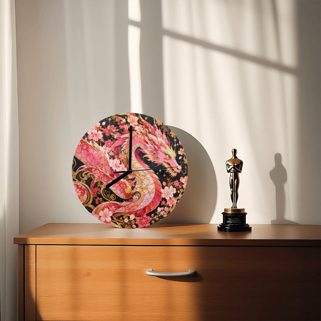 Pink and Gold Sakura Dragon MDF Wall Clock | Made in USA