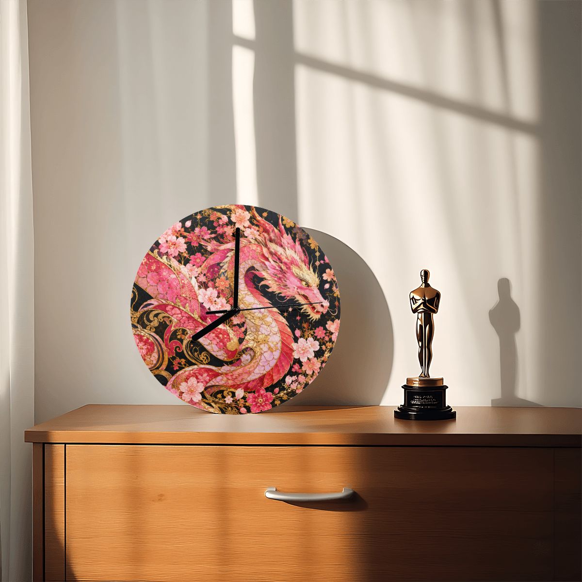 Pink and Gold Sakura Dragon MDF Wall Clock | Made in USA