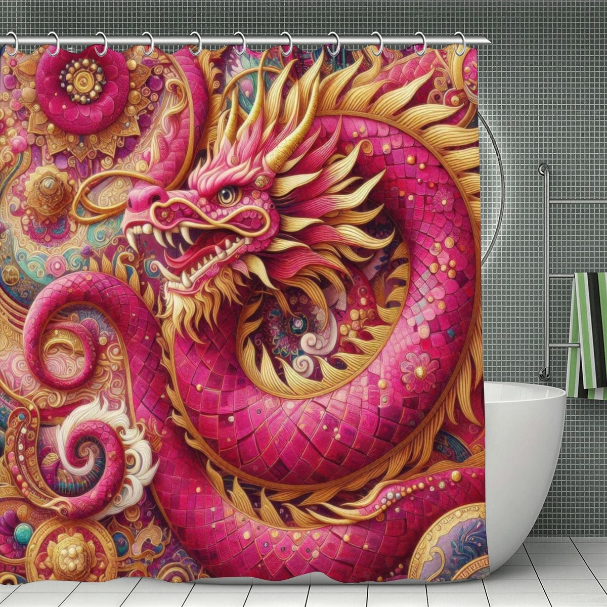 Crimson Dragon Shower Curtain | Klimt-Inspired Jewel Mosaic Art