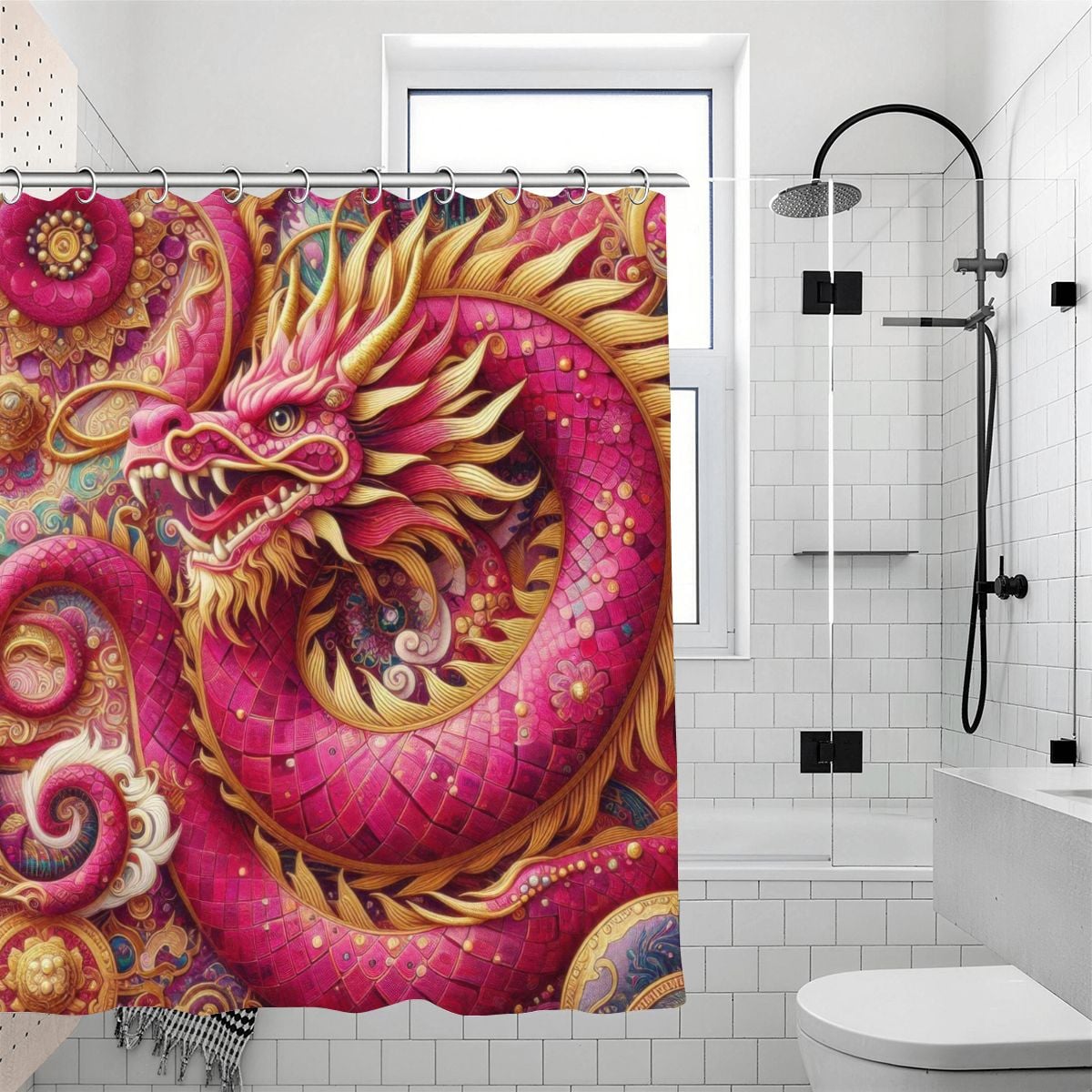 Crimson Dragon Shower Curtain | Klimt-Inspired Jewel Mosaic Art