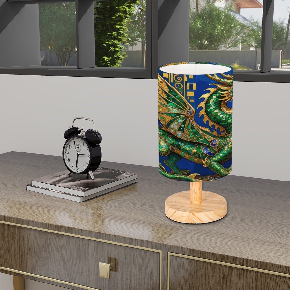 Emerald Dragon Cylindrical Table Lamp