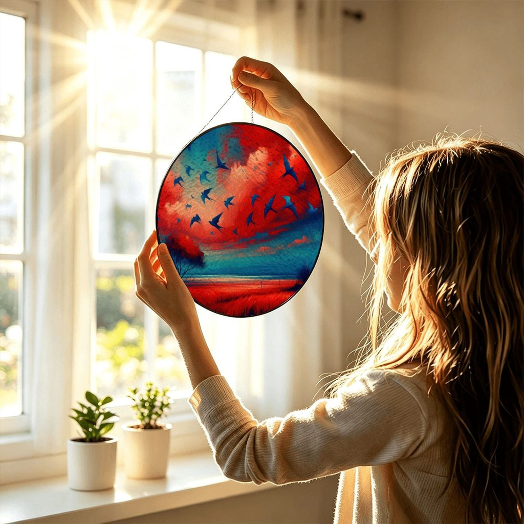 Scarlet and Turquoise Sunset Stained Glass Suncatcher Window Hanging (Made in USA)