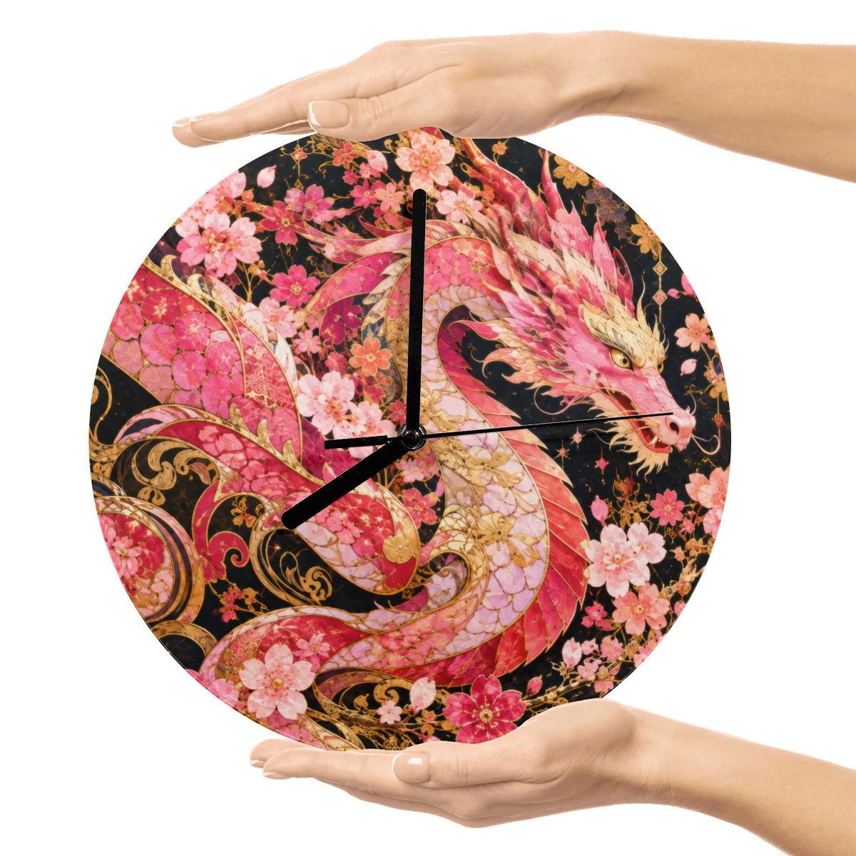 Pink and Gold Sakura Dragon MDF Wall Clock | Made in USA
