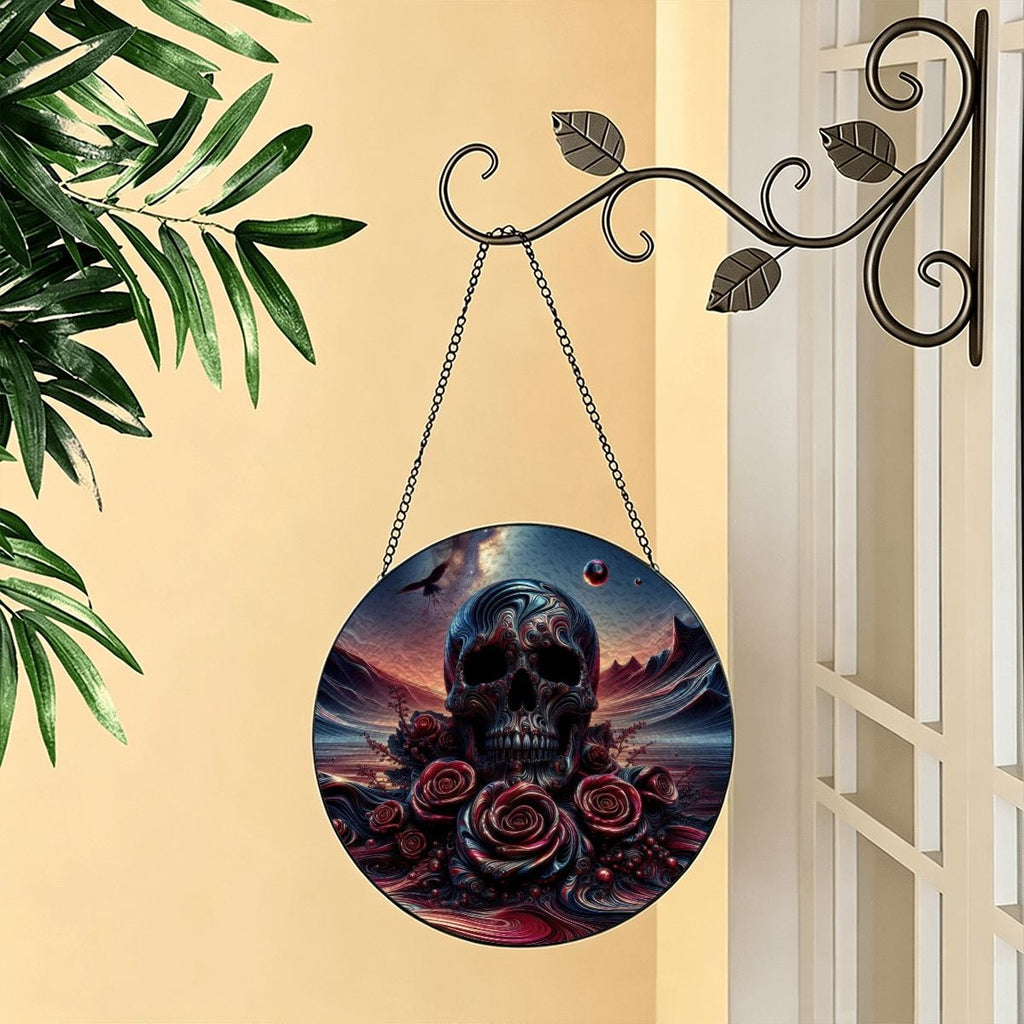 Skull and Roses Stained Glass Effect Suncatcher Window Hanging (Made in USA)