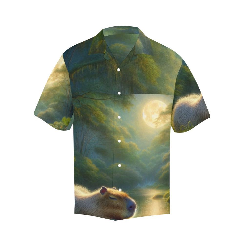 Capybara Under a Golden Moon Hawaiian Shirt without pocket