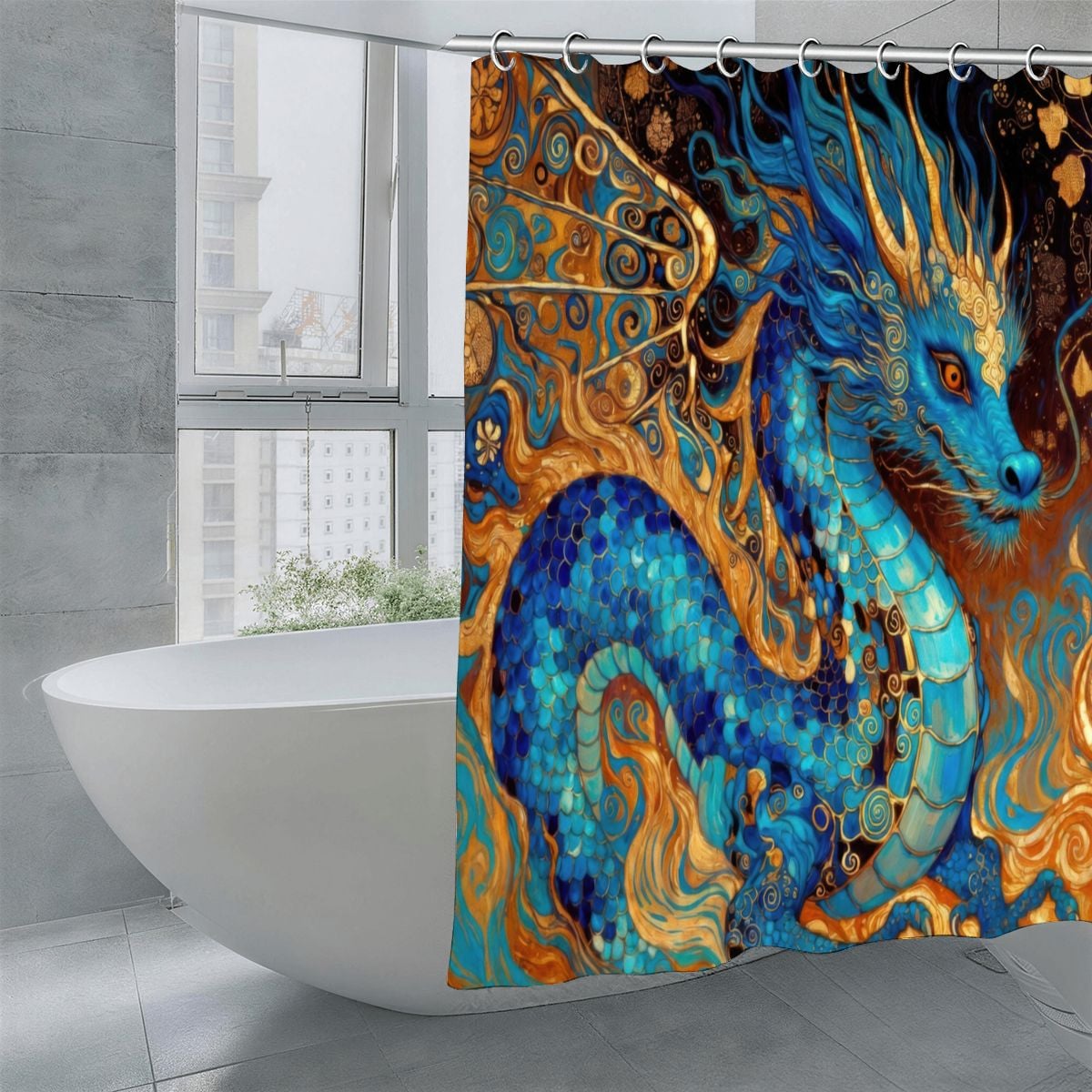 Cobalt Dragon Shower Curtain | Klimt-Inspired Flame & Mosaic Art