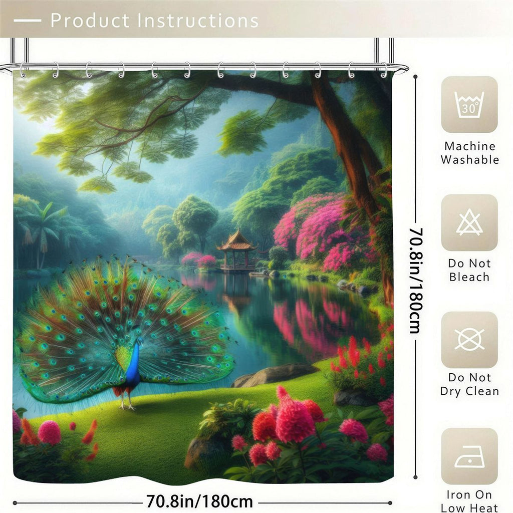 Peacock with Rhododendrons Shower Curtain | Botanical Garden Art
