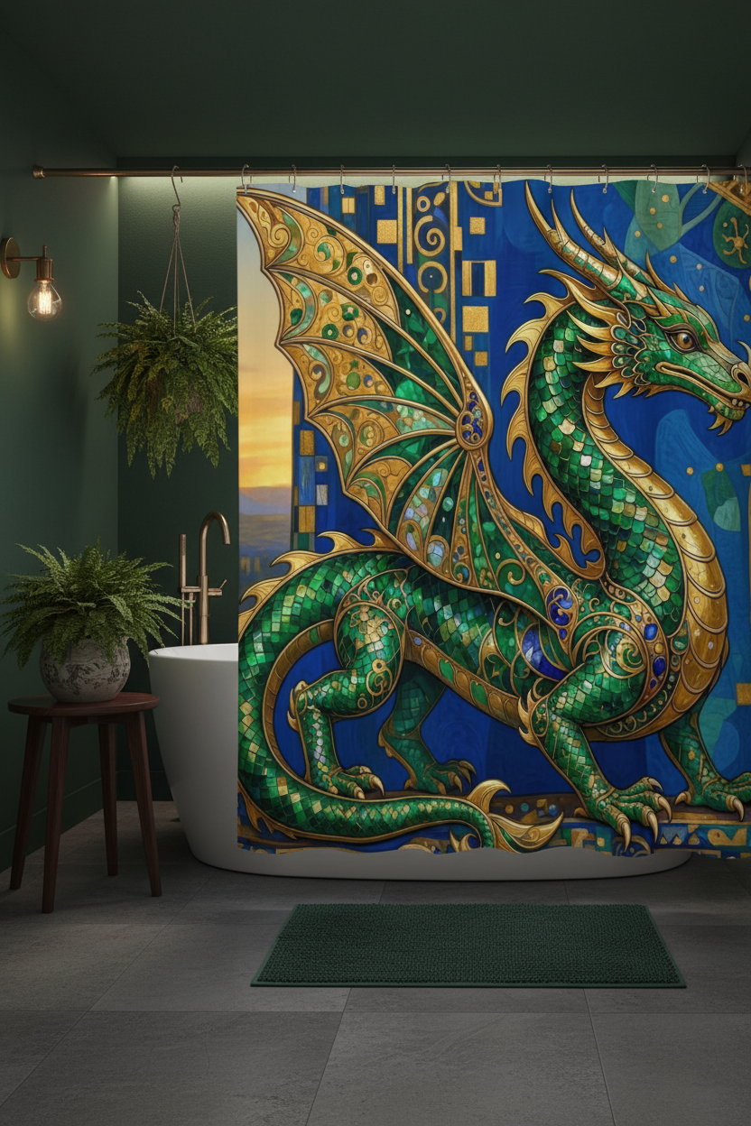 Emerald Dragon Shower Curtain Lifestyle