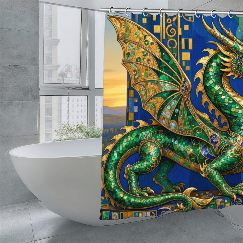 Emerald Dragon Shower Curtain | Klimt Jewel & Gold Filigree Art
