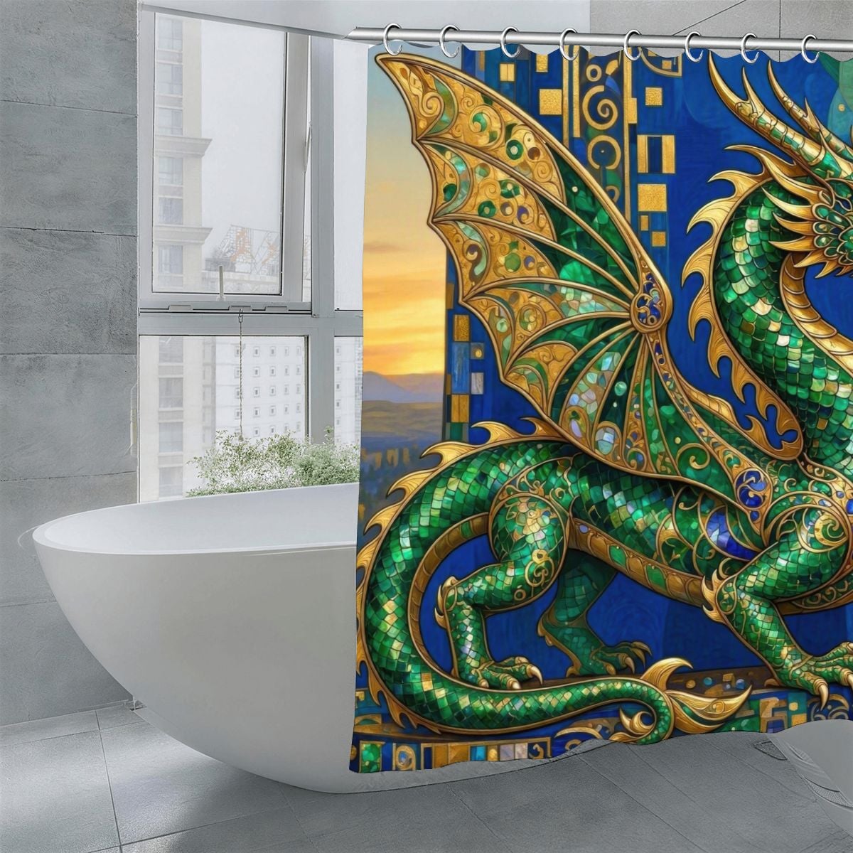 Emerald Dragon Shower Curtain | Klimt Jewel & Gold Filigree Art