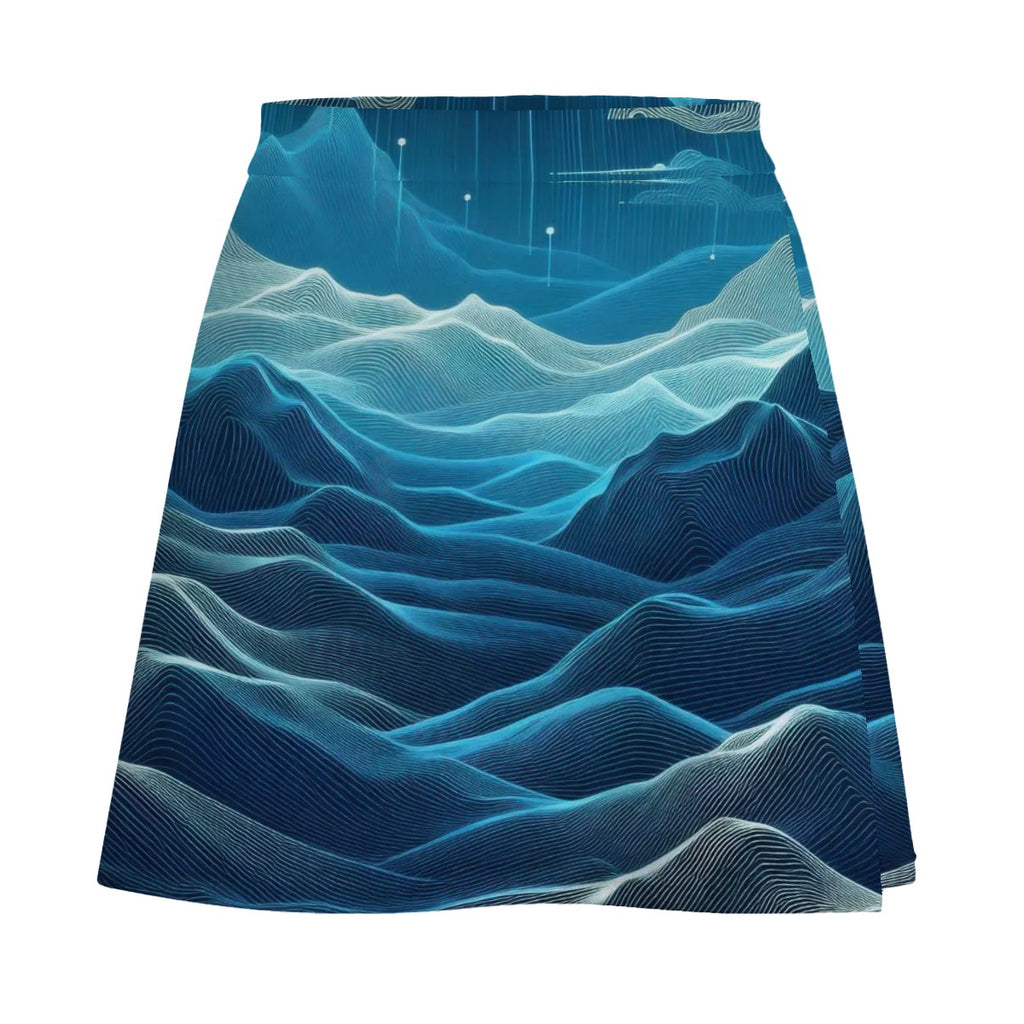 Deep Teal Waves Mini Skirt | Line Abstract Wearable Art