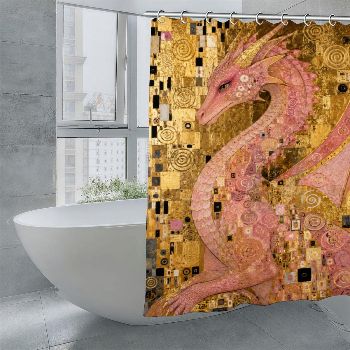Pink Dragon Shower Curtain | Klimt Gold Mosaic Art