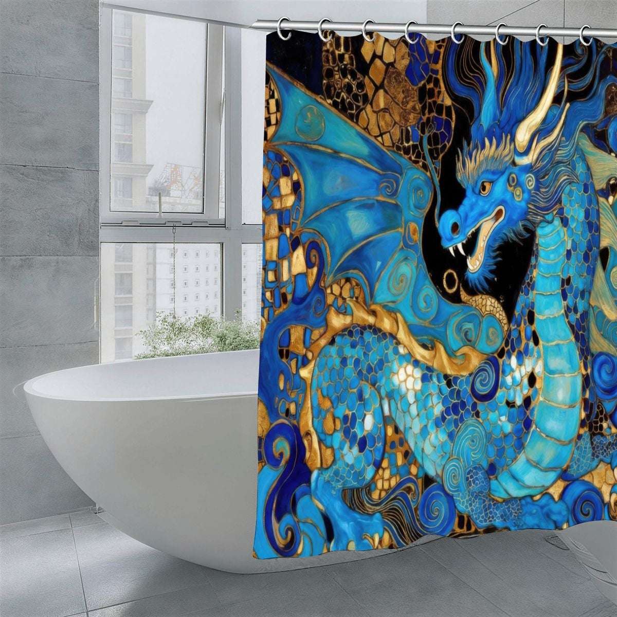 Teal Dragon Shower Curtain | Klimt-Inspired Mosaic Art