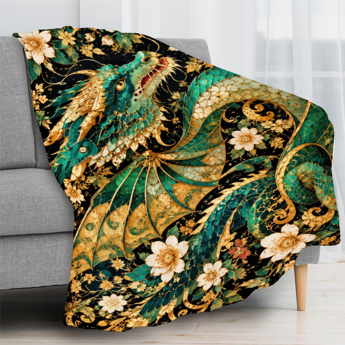 Gilded Jade Dragon Flannel Throw Blanket | Made in USA