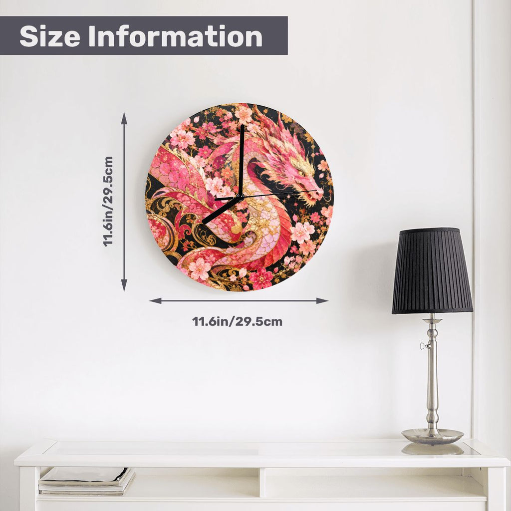 Pink and Gold Sakura Dragon MDF Wall Clock | Made in USA